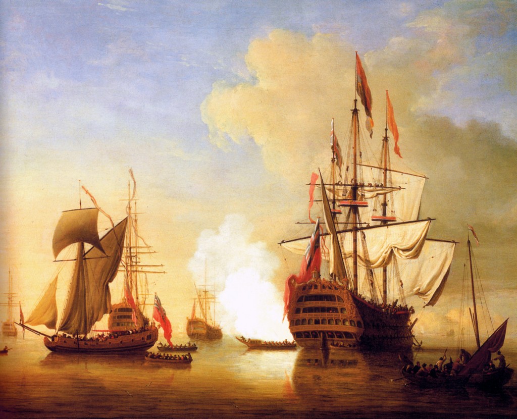 » An English Ship with Sails Loosened Firing a Gun, by Peter Monamy ...